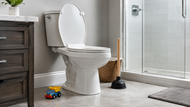 A clean white toilet next to a plunger on a tile floor in a modern bathroom.