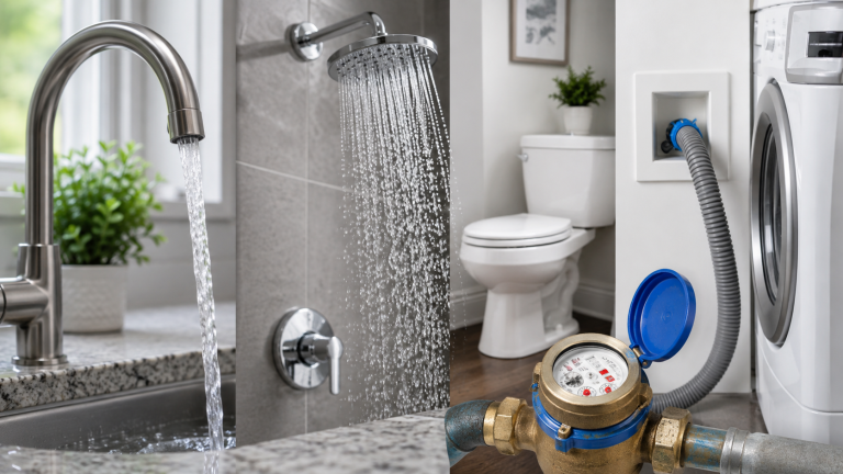 A split composition featuring a running bathroom sink faucet on the left, and a toilet, washing machine, and water meter on the right.