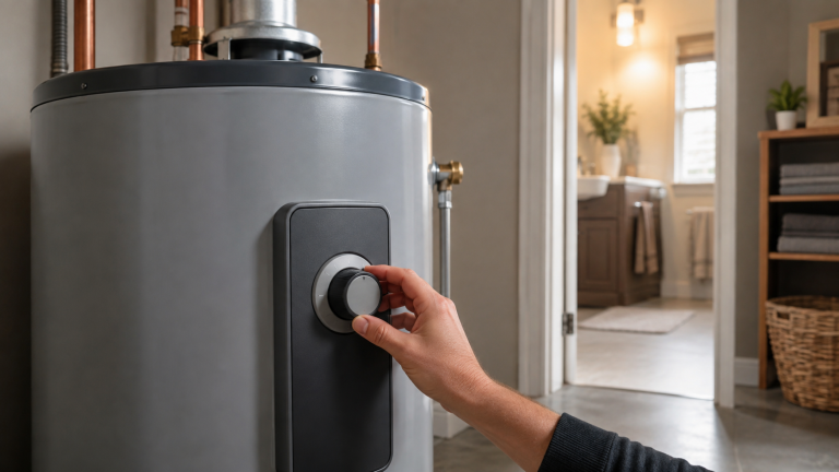 A homeowner adjusting the temperature dial on a tank water heater in a laundry room.