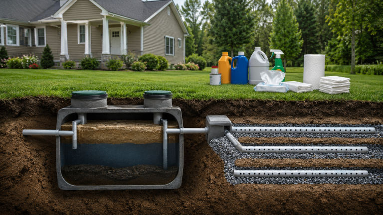 A suburban home with a cross-section diagram showing an underground septic tank system and drain field.