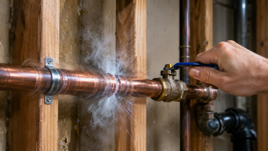 A plumber turning a shut-off valve on a copper pipe bursting with steam in a basement wall studs frame.