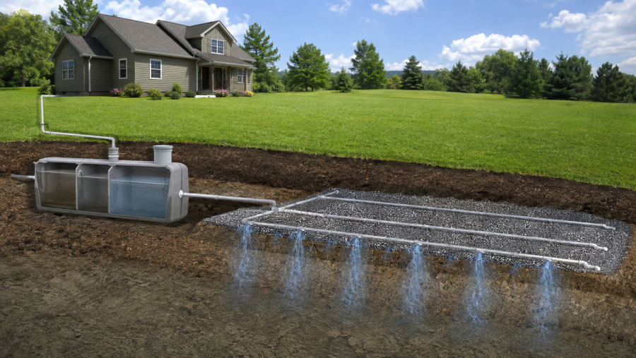 A suburban yard diagram showing a septic tank connected to an underground leach field with gravel drainage pipes.