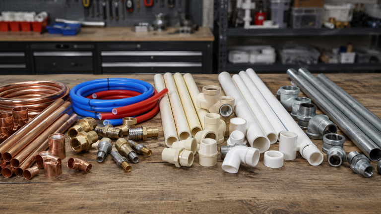A variety of residential plumbing pipes including copper, PEX, CPVC, and PVC.