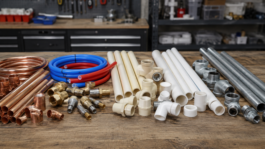 A variety of residential plumbing pipes including copper, PEX, CPVC, and PVC.
