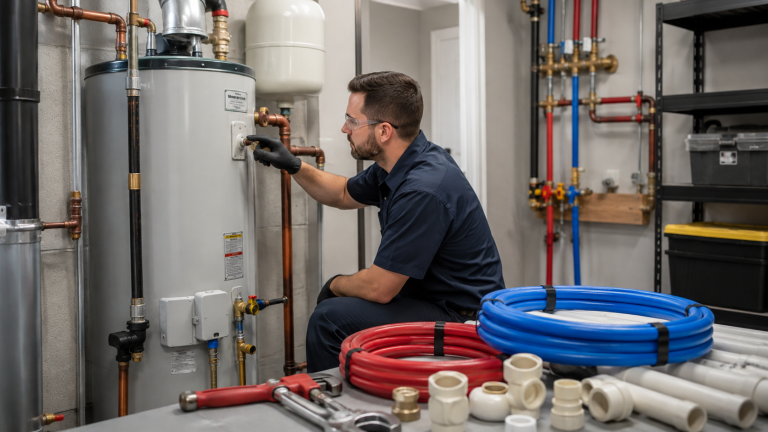 A plumber inspecting a water heater next to coils of blue and red PEX piping.