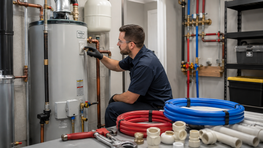 A plumber inspecting a water heater next to coils of blue and red PEX piping.