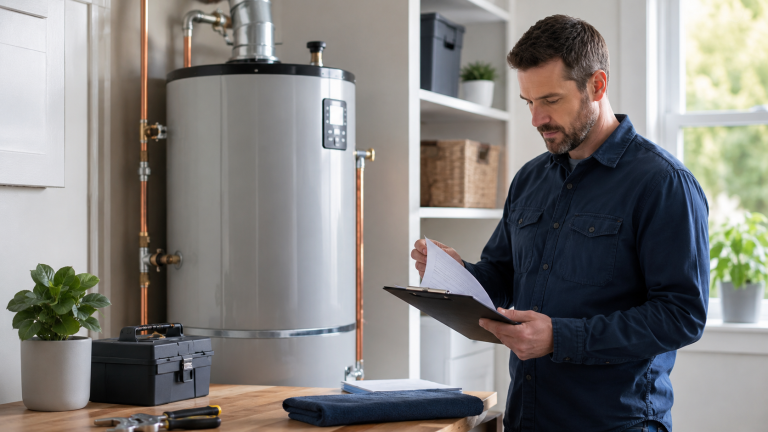 A licensed plumber inspecting a modern tank water heater during a routine maintenance service.