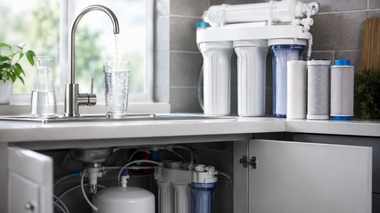 Multi-stage under-sink reverse osmosis water filter system for clean household tap water.