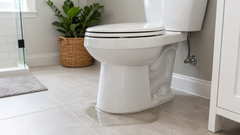 A clean white toilet in a brightly lit modern bathroom next to a woven basket planter.