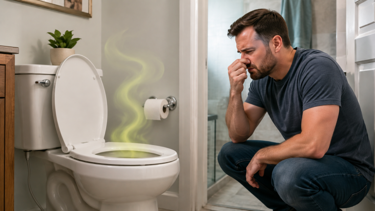 A man holding his nose next to a leaking toilet base on a bathroom tile floor.