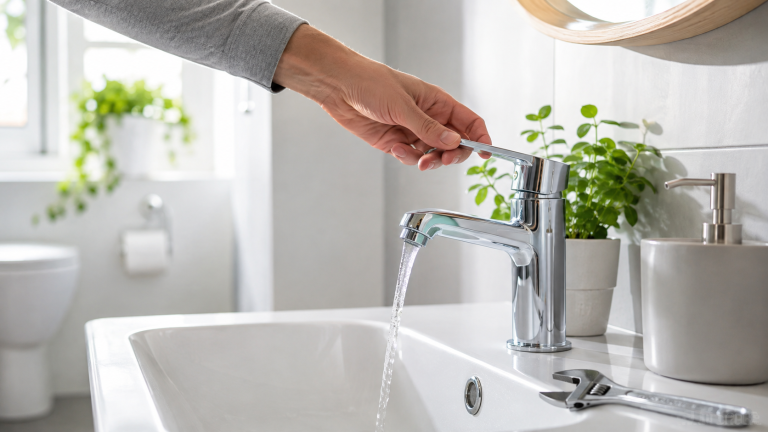 A person reaching to turn off a modern chrome faucet over a bathroom sink.