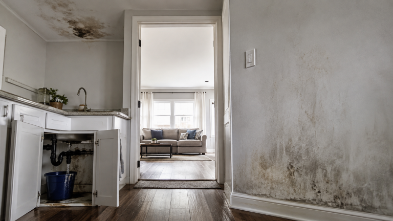An open kitchen cabinet showing plumbing pipes and potential hidden water leaks under a sink.
