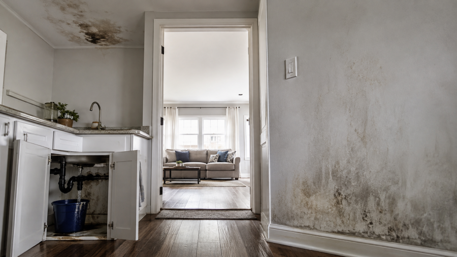 An open kitchen cabinet showing plumbing pipes and potential hidden water leaks under a sink.