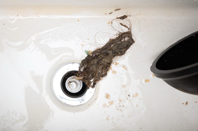 Hair and debris buildup pulled from a clogged sink drain