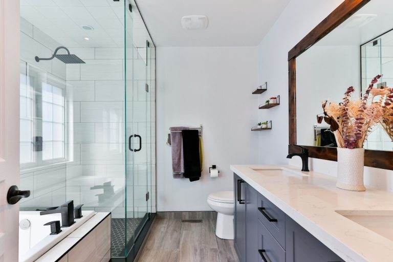 Modern bathroom showing plumbing fixtures for a remodeling project